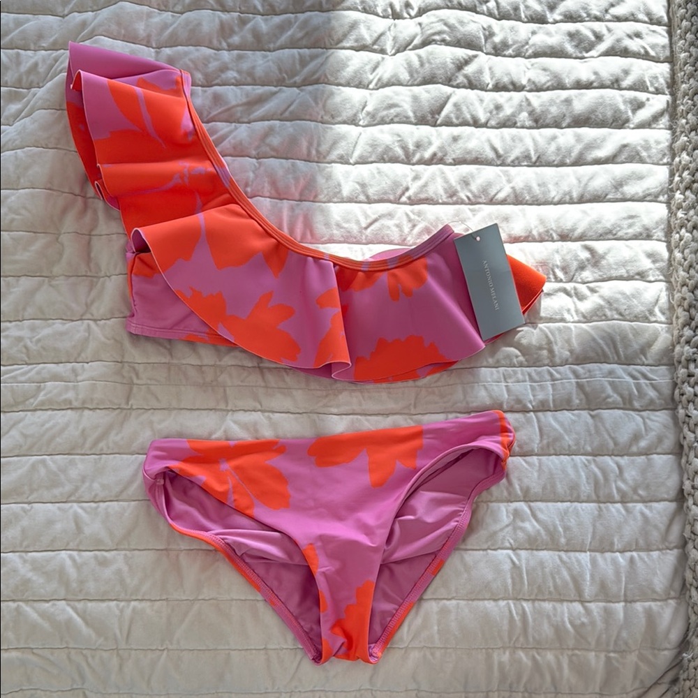 Vibrant Pink and Orange One-Shoulder Bikini